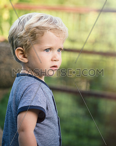 wonderful baby boy,blue eyes and blond hair looks towards the emptiness in the garden, natural light.