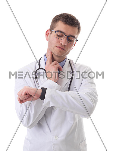 Partial view of  male doctor using smartwatch while checking heartbeat pulse