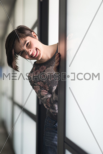 portrait of  young businesswoman in casual hipster clothes at modern startup business office interior