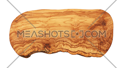 Close up one shaped brown olive wood cutting board with vivid woodgrain pattern isolated on white background