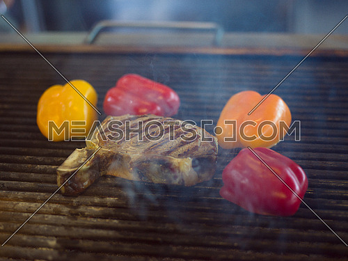 delicious grilled meat steak with vegetables on a barbecue