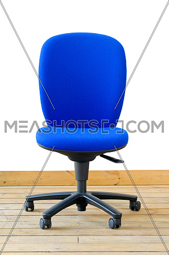 modern blue office chair on wood floor over white background