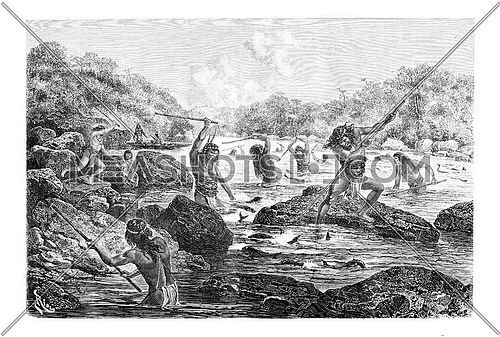 Natives Spearing Fish Trapped in the Rocks in Oiapoque, Brazil, drawing by Riou from a sketch by Dr. Crevaux, vintage engraved illustration. Le Tour du Monde, Travel Journal, 1880