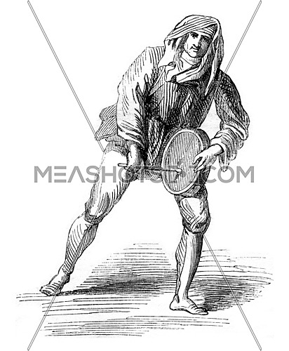 People playing the hand timpani, vintage engraved illustration. Magasin Pittoresque 1869.