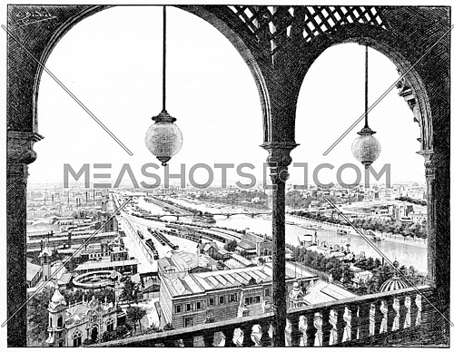 Panorama taken westward, the first platform of the Eiffel Tower during the 1889 Exhibition, vintage engraved illustration. Paris - Auguste VITU â 1890.