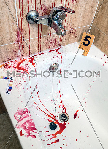 scene of a crime in a bathroom with tracks of blood, conceptual image