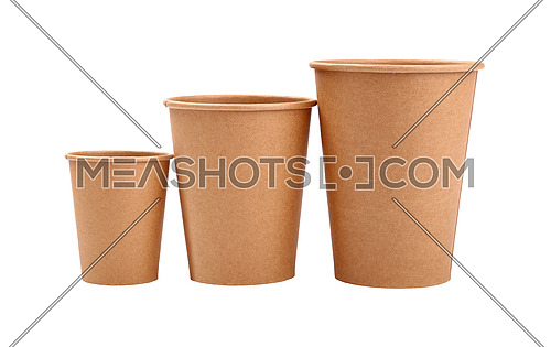 Close up group of three empty brown paper parchment coffee to go cups, big and small,  isolated on white background, low angle side view