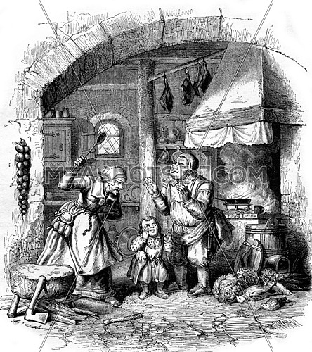 Master block in his household, vintage engraved illustration. Magasin Pittoresque 1853.