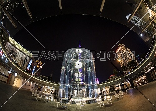 Shanghai glassy buildings with fisheye perspective at night