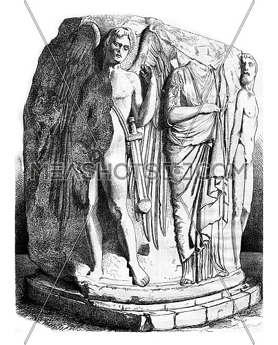 British Museum, Column was the temple of Ephesus, vintage engraved illustration. Magasin Pittoresque 1878.