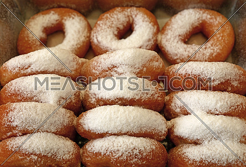 Close up many fresh ring donuts with sugar powder in retail display box, high angle view