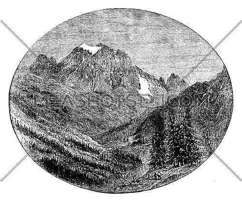 Mount Pelvoux given the Bessee, vintage engraved illustration. Le Tour du Monde, Travel Journal, (1872).