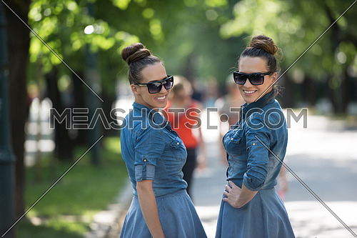 Young beautiful twin sister with sunglasses in identical wardrobe posing in a park on a sunny summer day