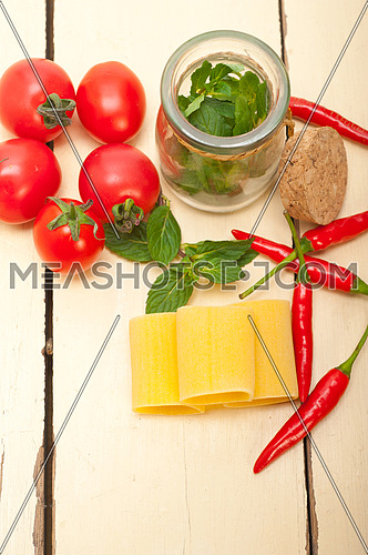 Italian pasta paccheri or schiaffoni with tomato mint and chili pepper ingredients