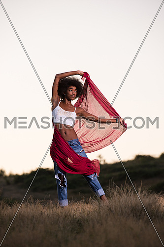 Young beautiful black girl laughs and dances outdoors with a scarf in her hands in a meadow during sunset