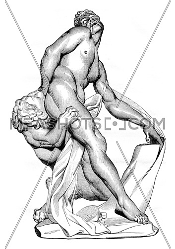 Museum of Louvre, Modern Sculpture, Milo of Croton, vintage engraved illustration. Magasin Pittoresque 1836.