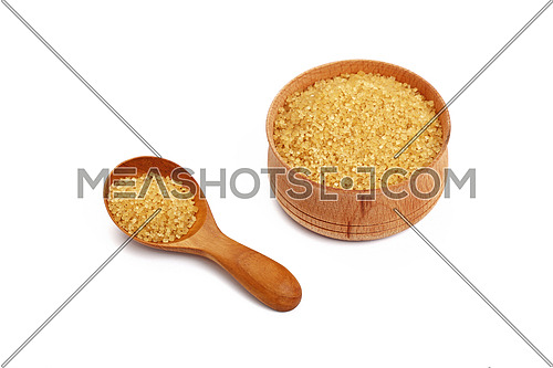 Wooden scoop spoon and bowl of brown cane sugar isolated on white background