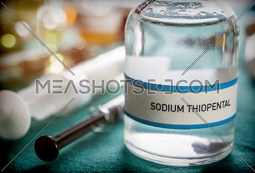 Vial with Sodium Thiopental used for euthanasia and lethal inyecion in a hospital, conceptual image