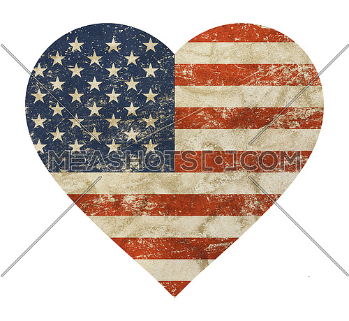 Heart shaped old grunge vintage dirty faded shabby distressed American US national flag isolated on white background