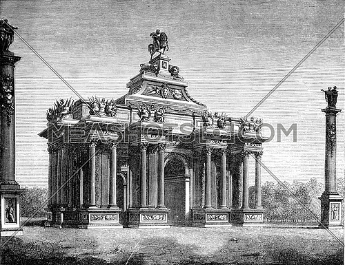 Reign of Louis XIV, Triumphal arch throne said, by Claude Perrault, vintage engraved illustration. Magasin Pittoresque 1847.