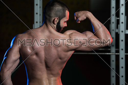 Portrait Of A Young Fit Man Flexing Front Biceps Pose - Muscular Athletic Bodybuilder Fitness Model Posing After Exercises