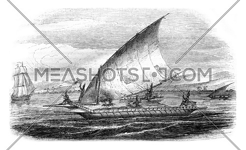 New Caledonia, A double Pirogue getting on by several natural, vintage engraved illustration. Magasin Pittoresque 1846.