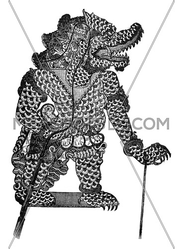 Javanese theater, Vikata, the Wayang-Purwa character, vintage engraved illustration. Magasin Pittoresque 1876.