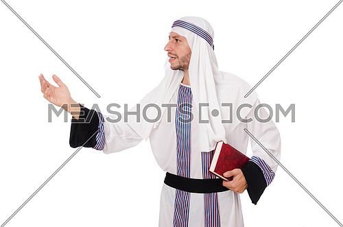 Arab man with book isolated on white
