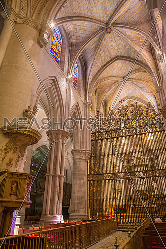 CUENCA, SPAIN - August 24, 2016: Interior of the cathedral of Cuenca, Grill of the Choir, Renaissance grill that closes the choir is of the middle of the XVIth century, locksmith of Cuenca Hernando de Arenas acts of the maker. Cuenca, Patrimony of the humanity, Spain