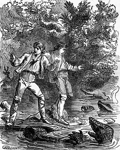 Dramas of India. Ah! my God, caimans!, vintage engraved illustration. Journal des Voyage, Travel Journal, (1879-80).