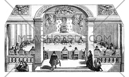 Hall of sessions of the Academie francaise, the Louvre, the eighteenth century, vintage engraved illustration. Magasin Pittoresque 1845.
