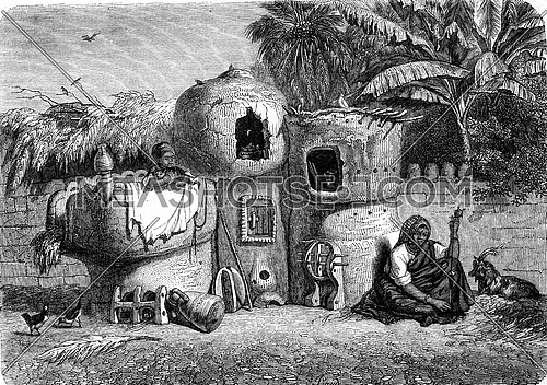 Home and furniture fellahs, vintage engraved illustration. Magasin Pittoresque 1847.