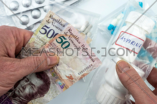 Man buying basic medication in venezuela, shady deal of medicines in full crisis of Latin American country, conceptual image