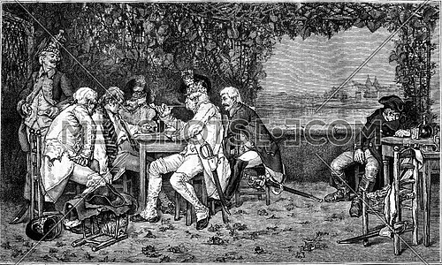 The touts, painting by Blant, vintage engraved illustration. Magasin Pittoresque 1880.