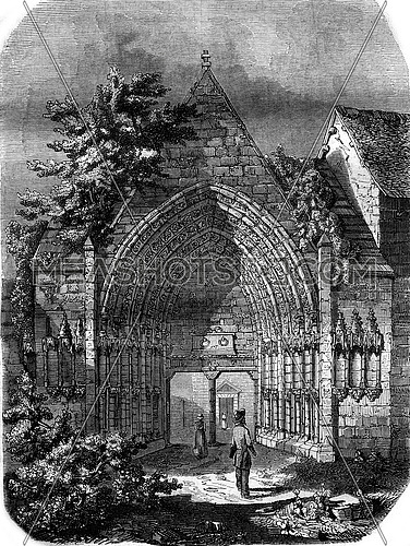 The Moutier Ahun in the Creuse department, The twelfth century portal, vintage engraved illustration. Magasin Pittoresque 1847.