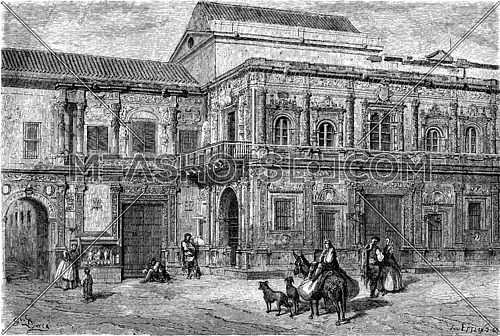 Palace of the Ayuntamiento, Seville, vintage engraved illustration. Le Tour du Monde, Travel Journal, (1865).