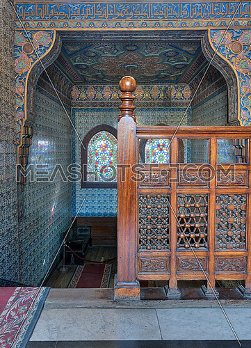 Wooden staircase, decorated wooden balustrade, Turkish ceramic tiles wall, ornate ceiling, stained glass windows, Residence hall at Manial Palace of Prince Mohammed Ali, Cairo, Egypt