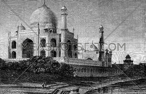 General saw the Taj Mahal, Agra, vintage engraved illustration. Le Tour du Monde, Travel Journal, (1872).