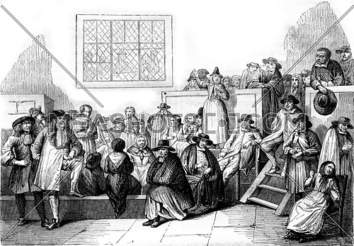 A Quaker meeting in the eighteenth century, vintage engraved illustration. Magasin Pittoresque 1843.