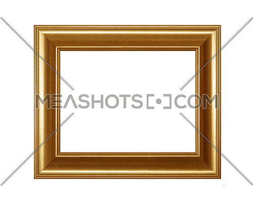 Vintage old wooden classic golden painted horizontal rectangular frame for picture or photo, isolated on white background, close up