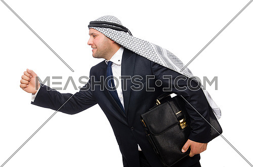 Arab businessman rushing isolated on white