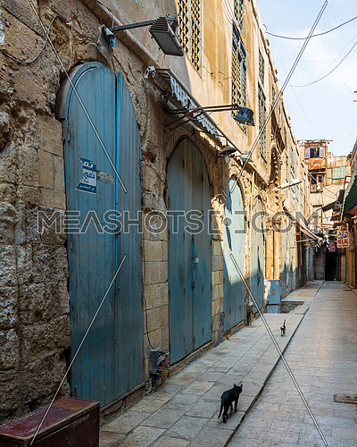 Cairo, Egypt- June 26 2020: Alleys of old historic Mamluk era Khan al-Khalili famous bazaar and souq, with closed shops during Covid-19 lockdown
