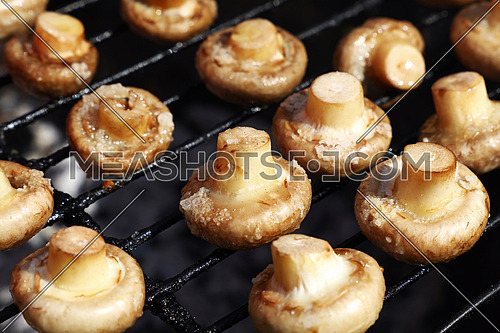 Close up common white champignon mushrooms cooked on BBQ char grill grate, high angle view
