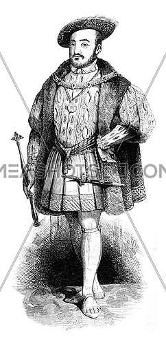 Portrait and costume Henry VIII on his accession to the throne, vintage engraved illustration. Colorful History of England, 1837.
