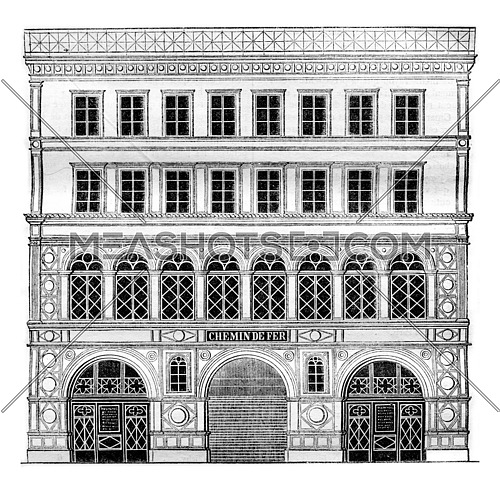 Facade of the entrance of the Saint Germain Railway on the Place de la Madeleine, vintage engraved illustration. Magasin Pittoresque 1836.