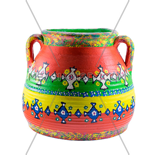 Egyptian decorated colorful painted pottery vase isolated on white