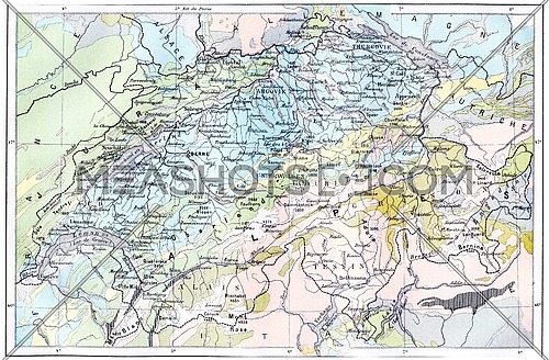 Topographical Map of the Alps, vintage engraved illustration. Dictionary of Words and Things - Larive and Fleury - 1895