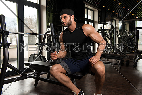 Young Athlete In The Gym Performing Biceps Curls With A Dumbbells