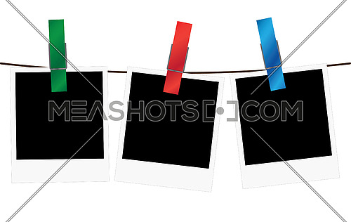 Vector illustration of three empty blank photo polaroid frame slides hanging on a rope with colorful clothespins over white background