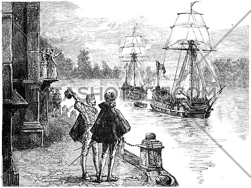 The expedition Frobisher down the Thames, vintage engraved illustration. Journal des Voyage, Travel Journal, (1880-81).